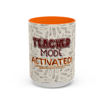 Funny Teacher Coffee Mug – Back to School Gift – “Teacher Mode Activated” – Color Accent 11oz 15oz – Classroom Decor – Durable Ceramic – Education Life