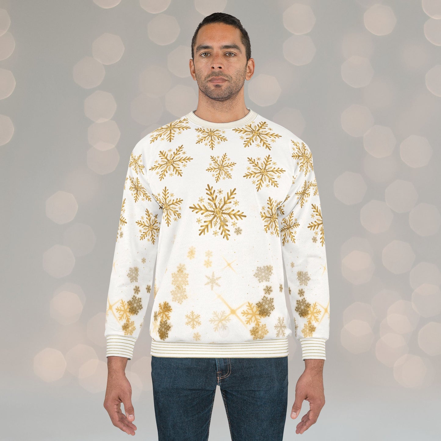 Golden Snowflakes AOP – Premium Holiday Crewneck Sweatshirt | Invaluable Minutia