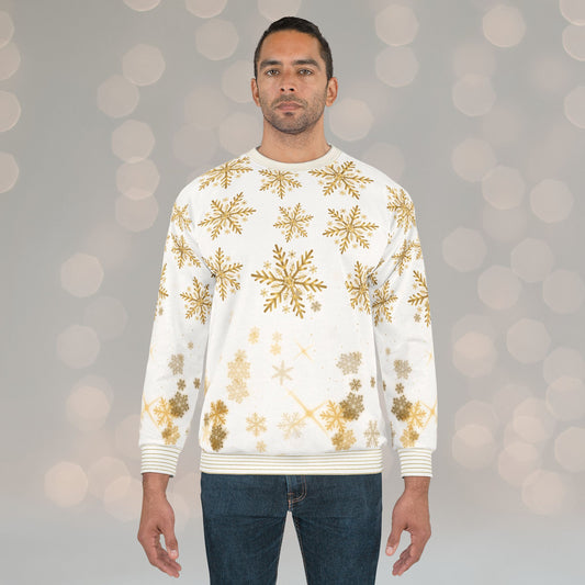 Golden Snowflakes AOP – Premium Holiday Crewneck Sweatshirt | Invaluable Minutia