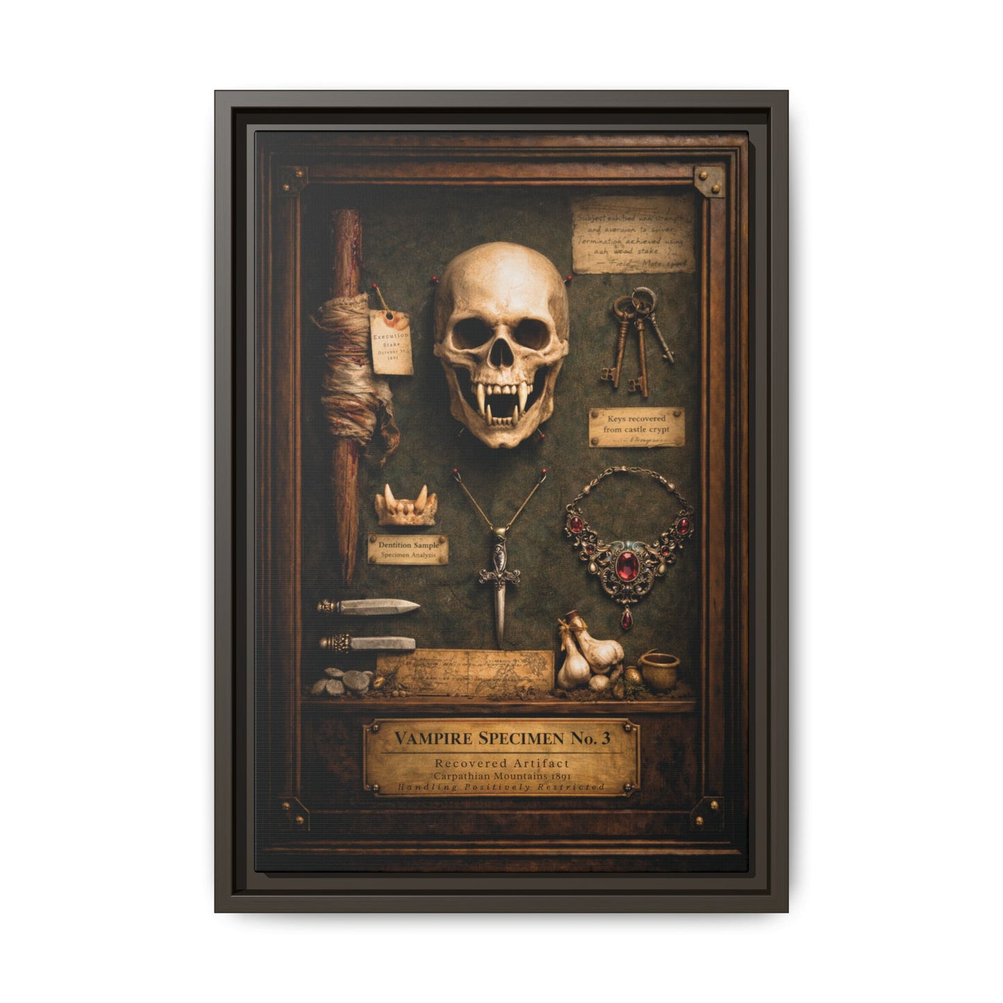 Framed Canvas Art – Vampire Specimen No. 3 | Gothic Vampire Wall Decor | Dark Academia Curiosity Cabinet Art