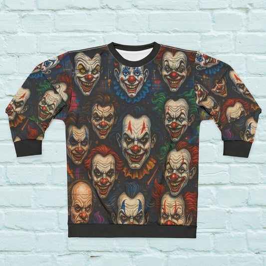 Unisex crewneck sweatshirt with all-over creepy clown face pattern, styled as boutique horror fashion for spooky season. Displayed flat against a white brick wall background. Invaluable Minutia exclusive.