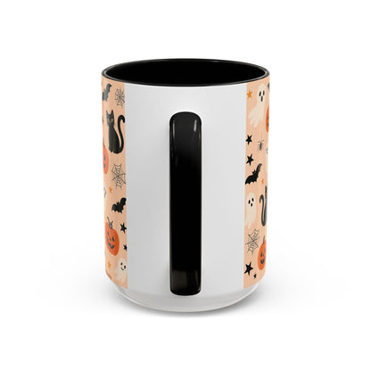 Halloween Color Accent Mug – Ghosts, Pumpkins & Black Cats, Fall Coffee Cup (11oz & 15oz) – Boutique Spooky Season Drinkware