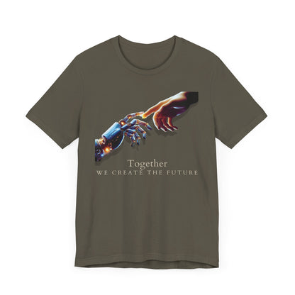 Robotic & Human Hand Touching Jersey Tee - "Together We Create the Future" - Inspirational T-Shirt - Soft, Comfortable Graphic Tee