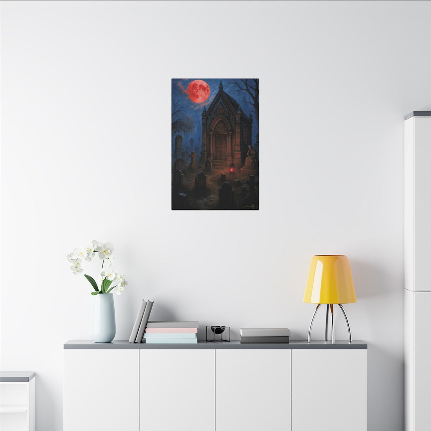 "Blood Moon Mausoleum" – Gothic Graveyard Fine Art Matte Canvas Print (Vertical)
