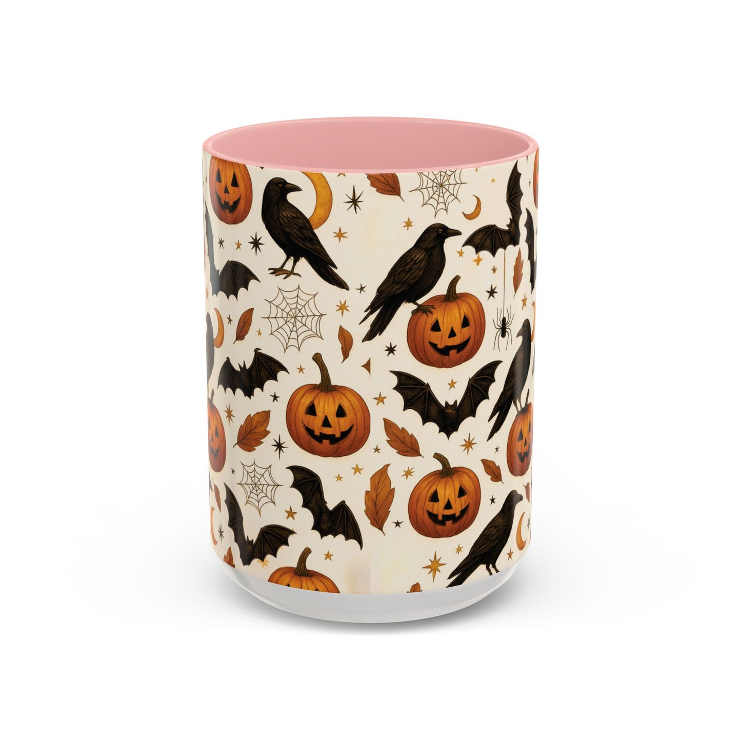 Halloween Raven & Pumpkin Color Accent Mug – Gothic Crow, Bats & Jack-o’-Lantern Coffee Cup (11oz & 15oz) – Spooky Autumn Drinkware