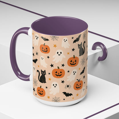 Halloween Color Accent Mug – Ghosts, Pumpkins & Black Cats, Fall Coffee Cup (11oz & 15oz) – Boutique Spooky Season Drinkware