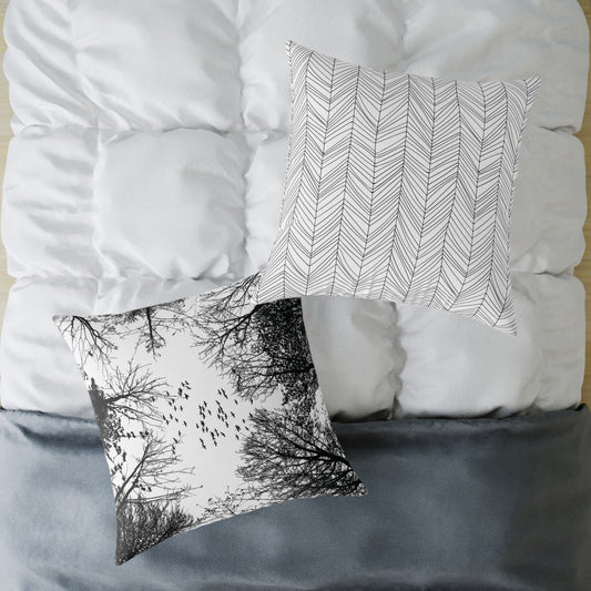 Look Up – Birds in Flight Tree Tops Silhouette Throw Pillow for Dreamers & Forestcore Souls - Canvas Throw Pillow Decor