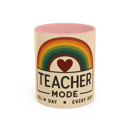 Teacher Mode – Color Accent Mug (11oz/15oz) • Rainbow Heart • Teacher Gift • Dishwasher & Microwave Safe