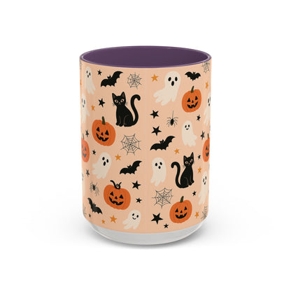 Halloween Color Accent Mug – Ghosts, Pumpkins & Black Cats, Fall Coffee Cup (11oz & 15oz) – Boutique Spooky Season Drinkware