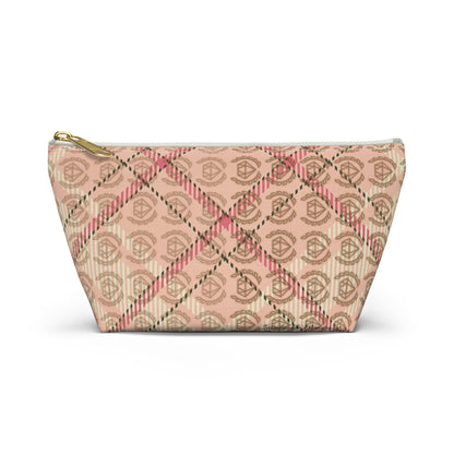 Elegant Plaid T-Bottom Accessory Pouch • Soft Pink Travel Bag with Boutique Monogram • Small or Large Sizes