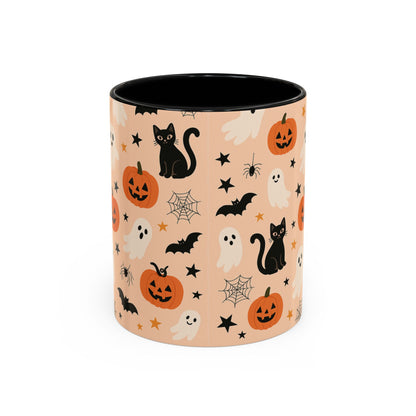 Halloween Color Accent Mug – Ghosts, Pumpkins & Black Cats, Fall Coffee Cup (11oz & 15oz) – Boutique Spooky Season Drinkware