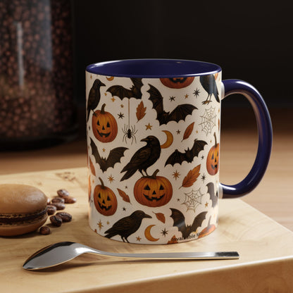 Halloween Raven & Pumpkin Color Accent Mug – Gothic Crow, Bats & Jack-o’-Lantern Coffee Cup (11oz & 15oz) – Spooky Autumn Drinkware