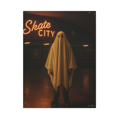 Ghost at the Roller Rink Canvas Wall Art – Retro 80s Nostalgic Halloween Decor