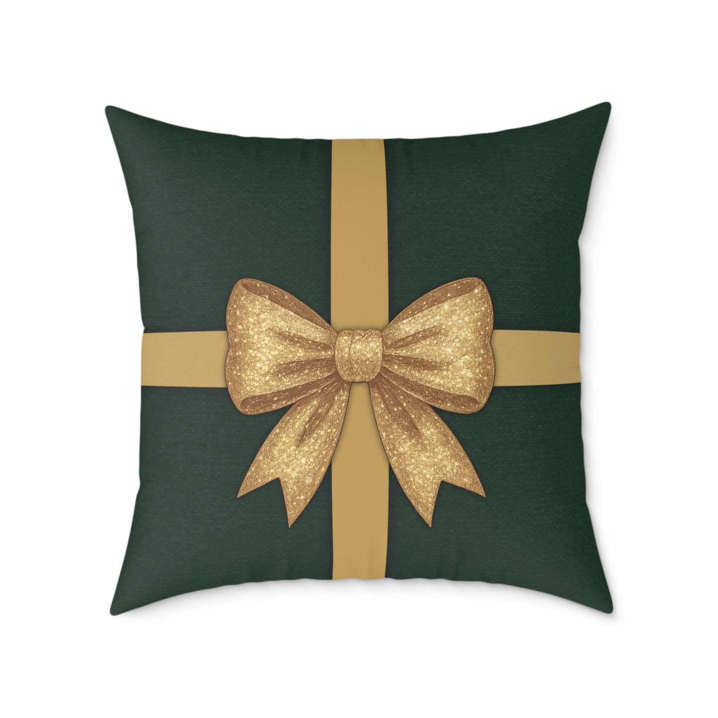 Emerald Gift Box Throw Pillow – Green & Gold Present with Pine Tree Pattern Back