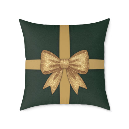 Emerald Gift Box Throw Pillow – Green & Gold Present with Pine Tree Pattern Back
