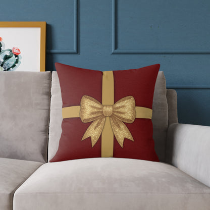 Red & Gold Gift Box Throw Pillow – Holiday Present Canvas Cushion with Holly Back