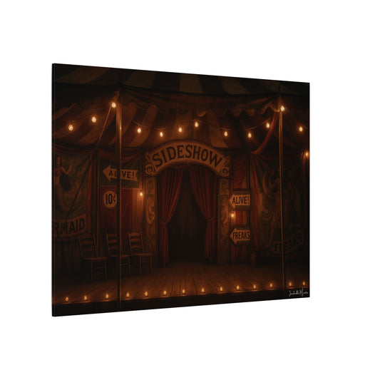 Vintage Carnival Sideshow Stage Canvas Wall Art – Dark Circus Tent Lights & Retro Oddities – Gothic Home Décor - Americana