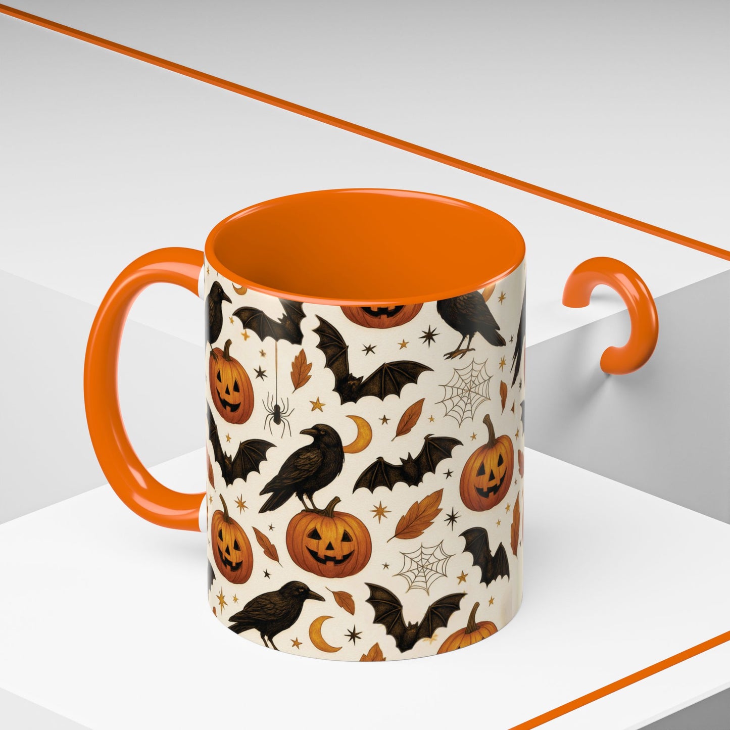 Halloween Raven & Pumpkin Color Accent Mug – Gothic Crow, Bats & Jack-o’-Lantern Coffee Cup (11oz & 15oz) – Spooky Autumn Drinkware