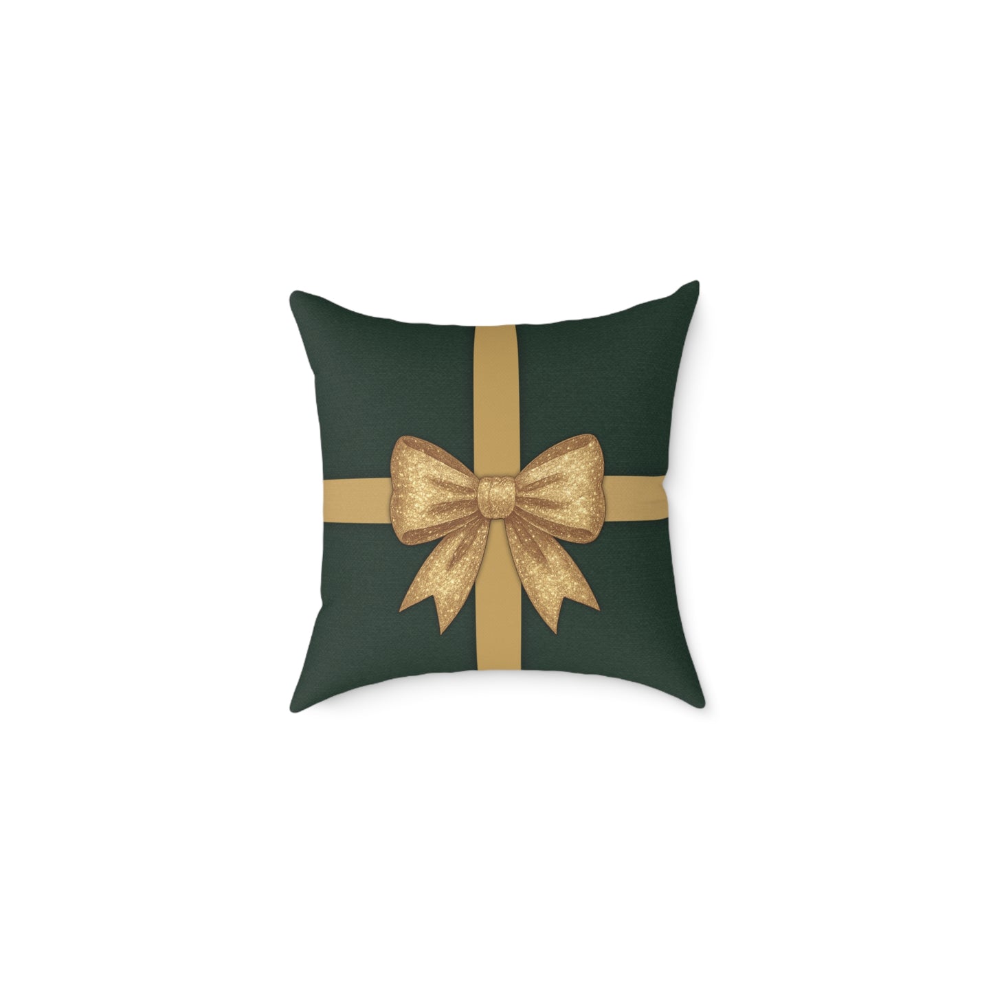 Emerald Gift Box Throw Pillow – Green & Gold Present with Pine Tree Pattern Back