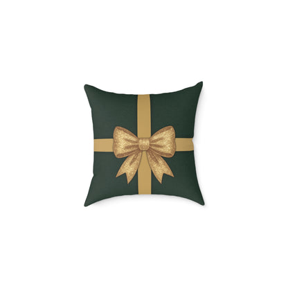 Emerald Gift Box Throw Pillow – Green & Gold Present with Pine Tree Pattern Back