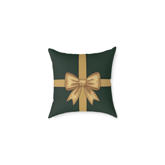 Emerald Gift Box Throw Pillow – Green & Gold Present with Pine Tree Pattern Back