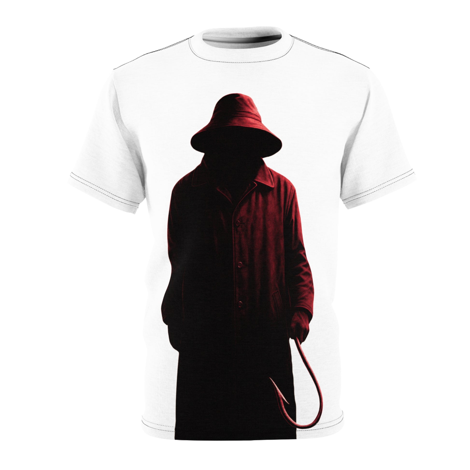 Forgotten Slasher unisex AOP t-shirt featuring fisherman hook horror design. Boutique creepy fashion tee for Halloween and horror fans.
