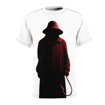 Forgotten Slasher unisex AOP t-shirt featuring fisherman hook horror design. Boutique creepy fashion tee for Halloween and horror fans.