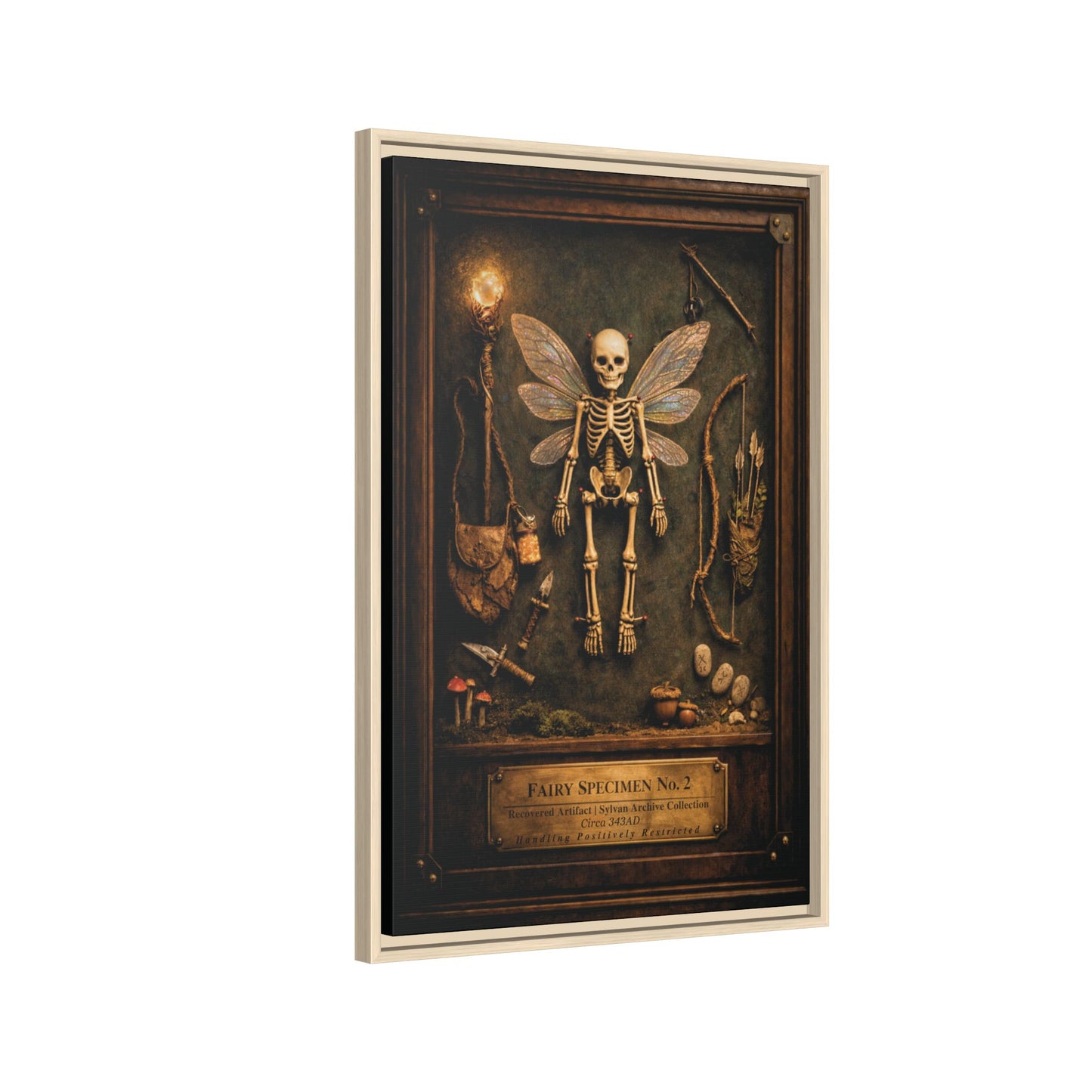 Fairy Specimen No. 2 Framed Canvas Print – Skeletal Fairy Wall Art, Dark Curiosity Cabinet Decor