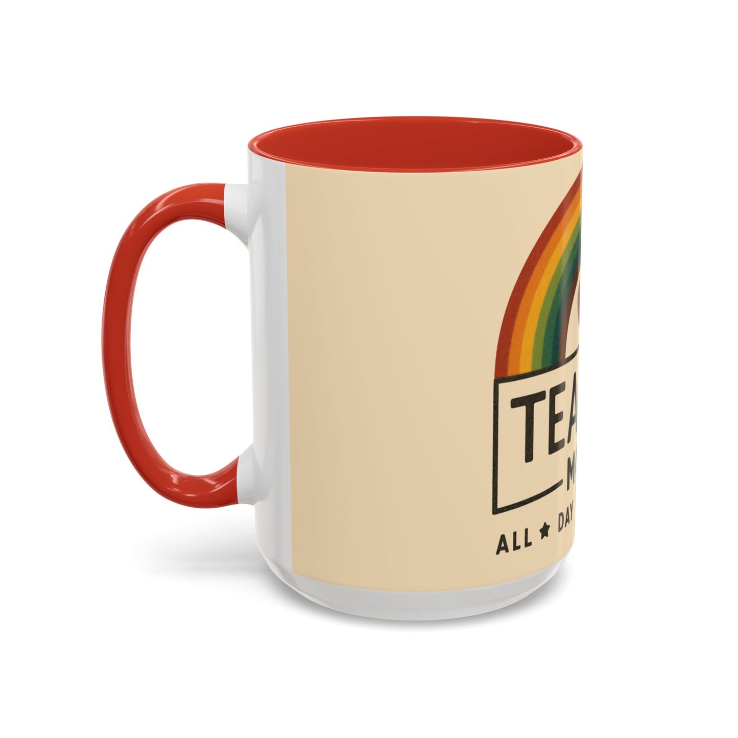 Teacher Mode – Color Accent Mug (11oz/15oz) • Rainbow Heart • Teacher Gift • Dishwasher & Microwave Safe