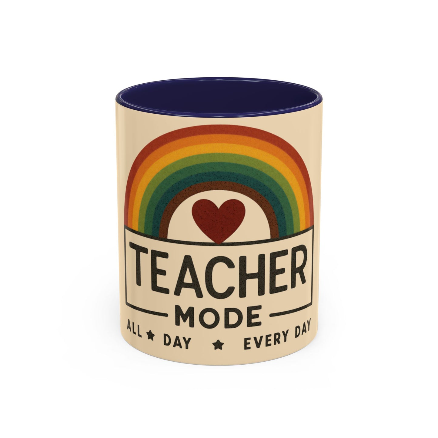 Teacher Mode – Color Accent Mug (11oz/15oz) • Rainbow Heart • Teacher Gift • Dishwasher & Microwave Safe