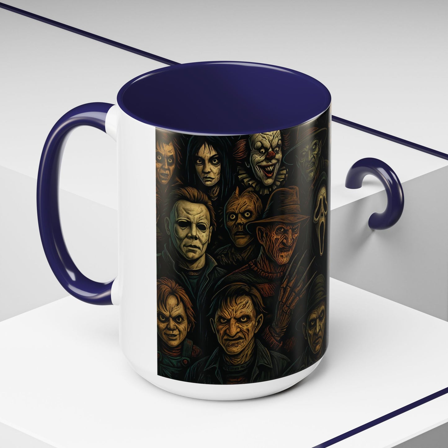Horror Villain Collage Mug – 15oz & 11oz Ceramic Coffee Mug – Slasher Icons Halloween Gift – Goth Horrorcore Kitchen Decor