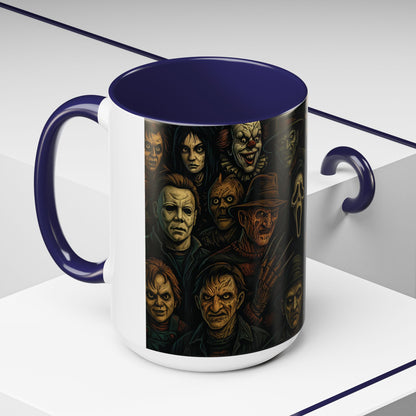 Horror Villain Collage Mug – 15oz & 11oz Ceramic Coffee Mug – Slasher Icons Halloween Gift – Goth Horrorcore Kitchen Decor