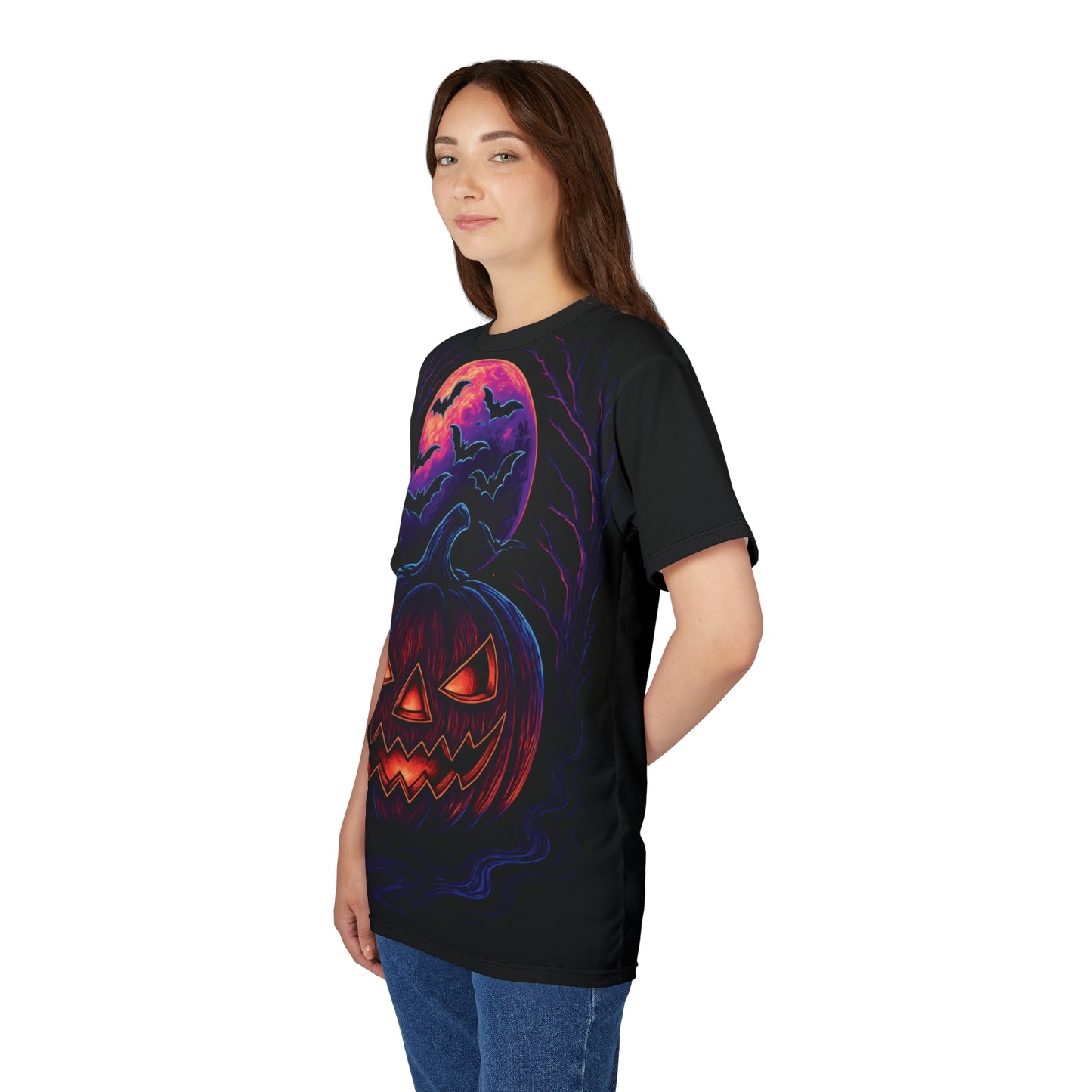 Neon Jack-o’-Lantern AOP Halloween T-Shirt – Glowing Pumpkin & Bats Extra Large Print Tee (All-Over Print)