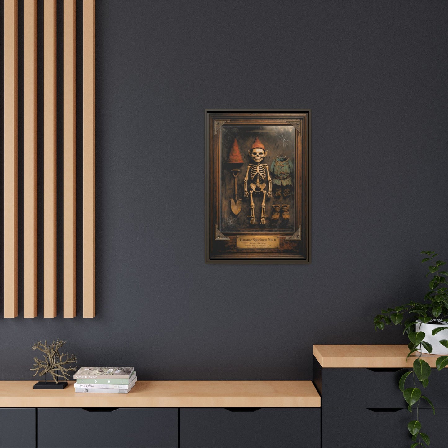 Gnome Specimen No. 6 Framed Canvas Print – Dark Curiosity Cabinet Wall Art, Gothic Skeleton Gnome Decor