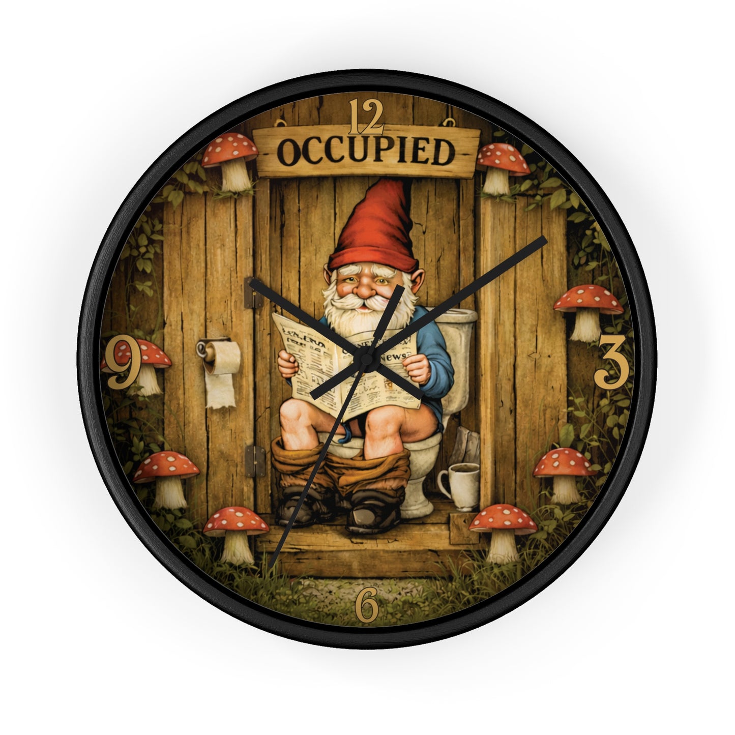 Funny Gnome Toilet Wall Clock – “Occupied” Bathroom Decor 10"