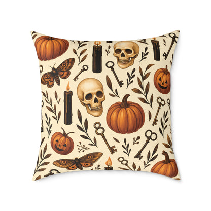 Gothic Halloween Throw Pillow – Colorway Poly Canvas – Reversible Plaid – Skulls, Moths & Black Candles – Premium Fall Decor