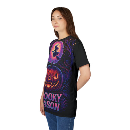 Neon Halloween AOP T-Shirt – Spooky Season Jack-o’-Lantern & Witch Design (All-Over Print)