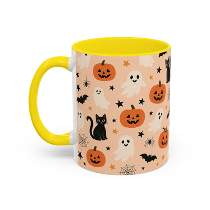 Halloween Color Accent Mug – Ghosts, Pumpkins & Black Cats, Fall Coffee Cup (11oz & 15oz) – Boutique Spooky Season Drinkware