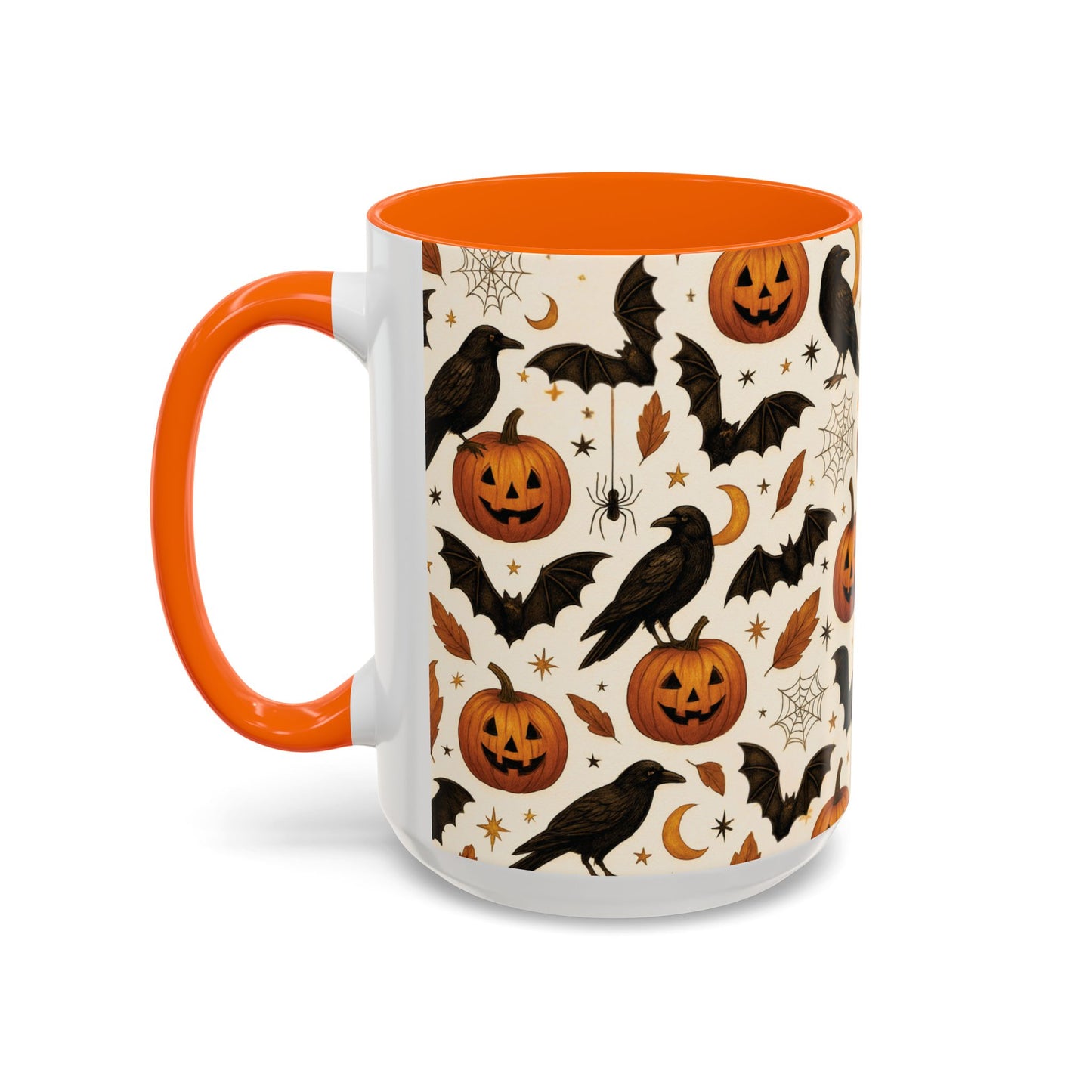 Halloween Raven & Pumpkin Color Accent Mug – Gothic Crow, Bats & Jack-o’-Lantern Coffee Cup (11oz & 15oz) – Spooky Autumn Drinkware