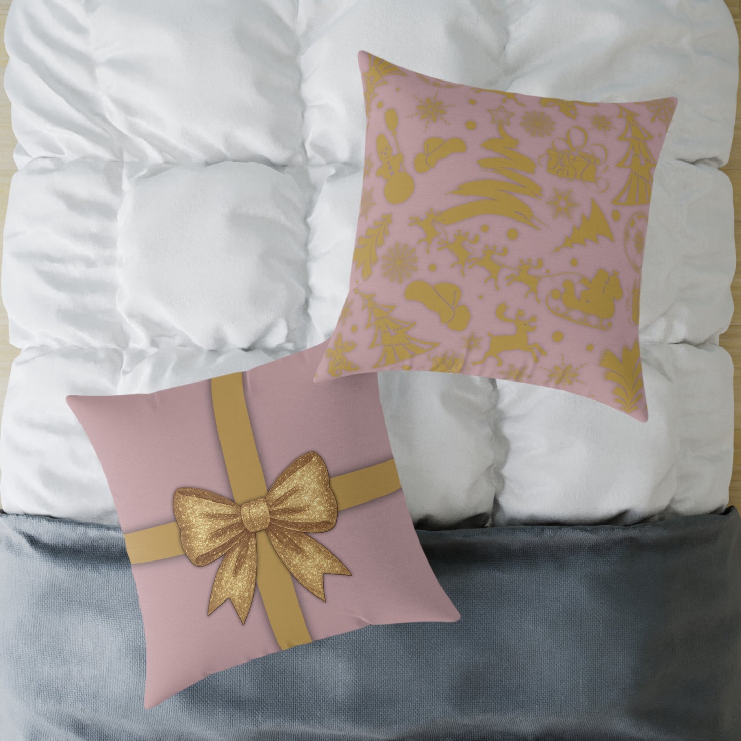 Blush Pink & Gold Gift Box Throw Pillow – Holiday Icon Pattern Canvas Cushion