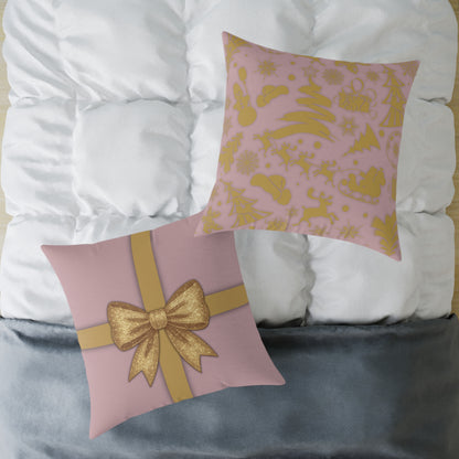 Blush Pink & Gold Gift Box Throw Pillow – Holiday Icon Pattern Canvas Cushion