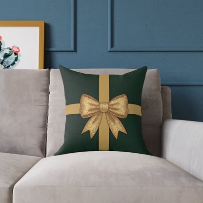 Emerald Gift Box Throw Pillow – Green & Gold Present with Pine Tree Pattern Back