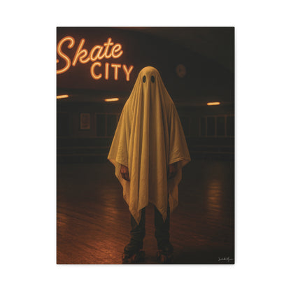 Ghost at the Roller Rink Canvas Wall Art – Retro 80s Nostalgic Halloween Decor