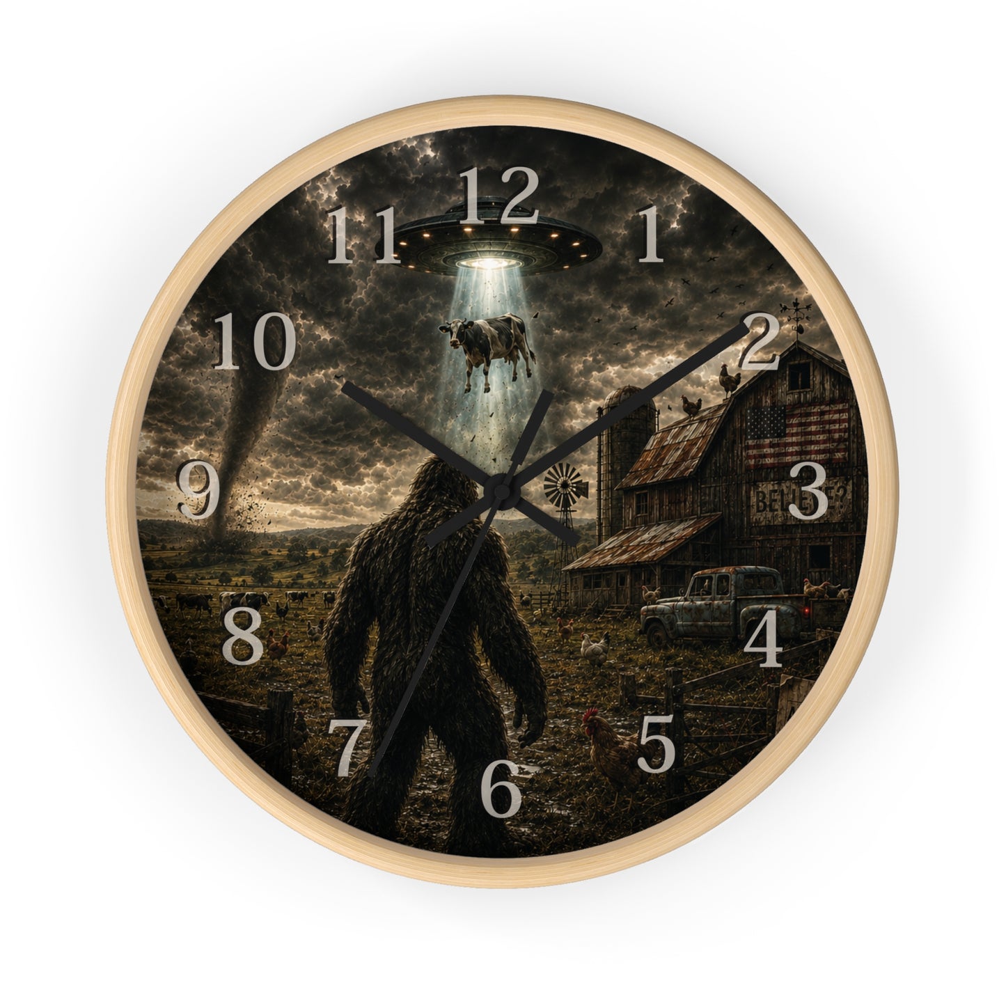 Bigfoot UFO Wall Clock – Sasquatch Alien Abduction Farm Art Clock