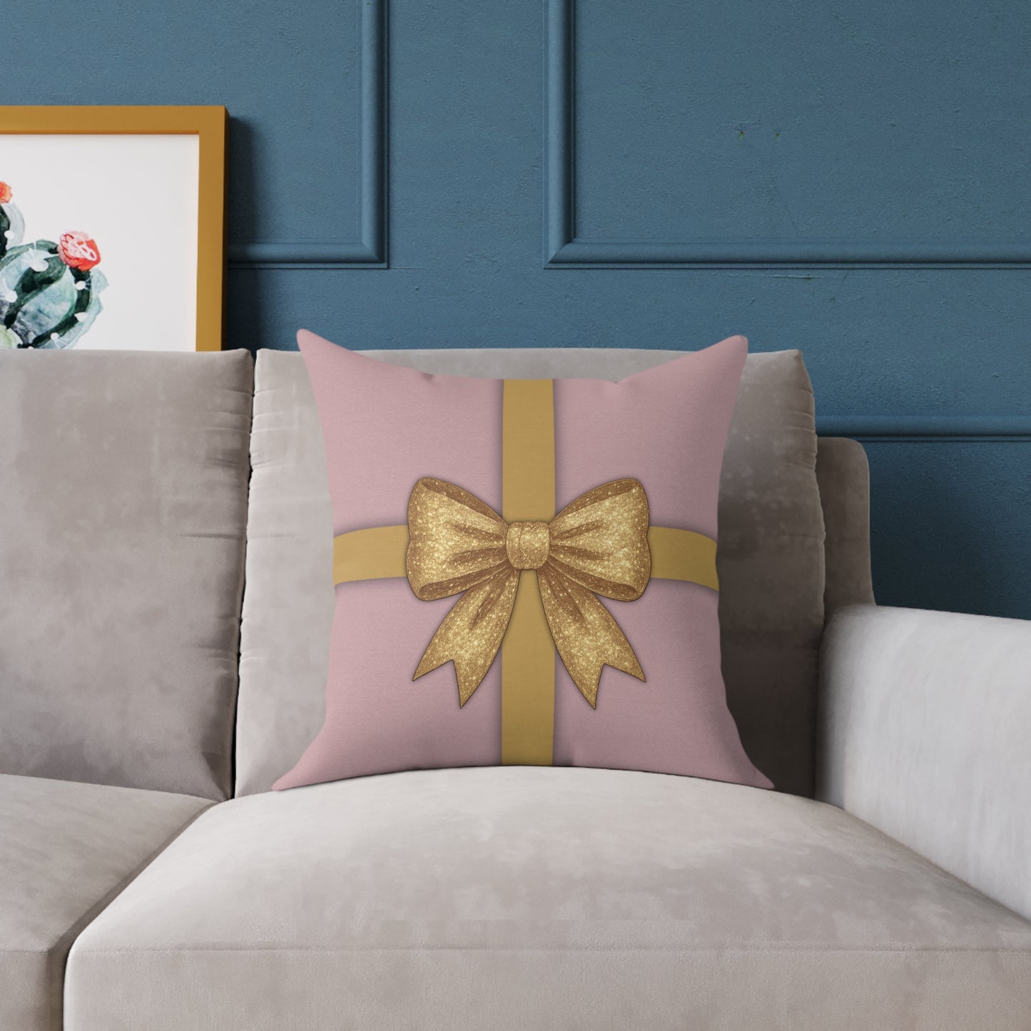 Blush Pink & Gold Gift Box Throw Pillow – Holiday Icon Pattern Canvas Cushion