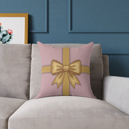 Blush Pink & Gold Gift Box Throw Pillow – Holiday Icon Pattern Canvas Cushion
