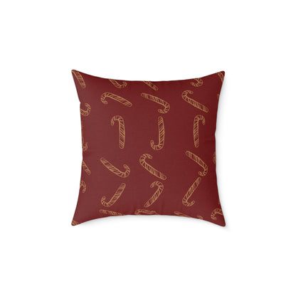Vintage Fireplace Christmas Throw Pillow – Red & Gold Mantel with Candy Cane Pattern Back