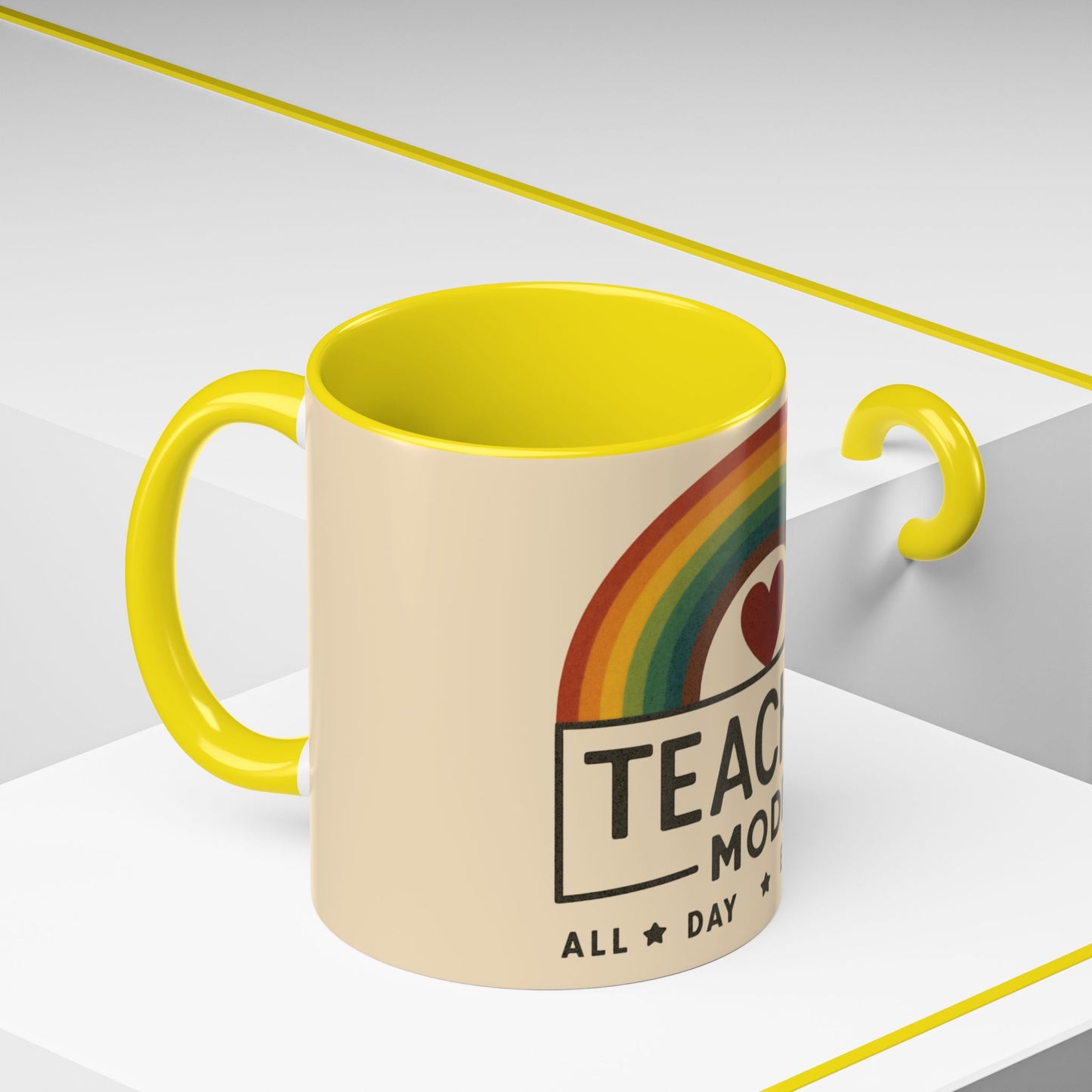 Teacher Mode – Color Accent Mug (11oz/15oz) • Rainbow Heart • Teacher Gift • Dishwasher & Microwave Safe