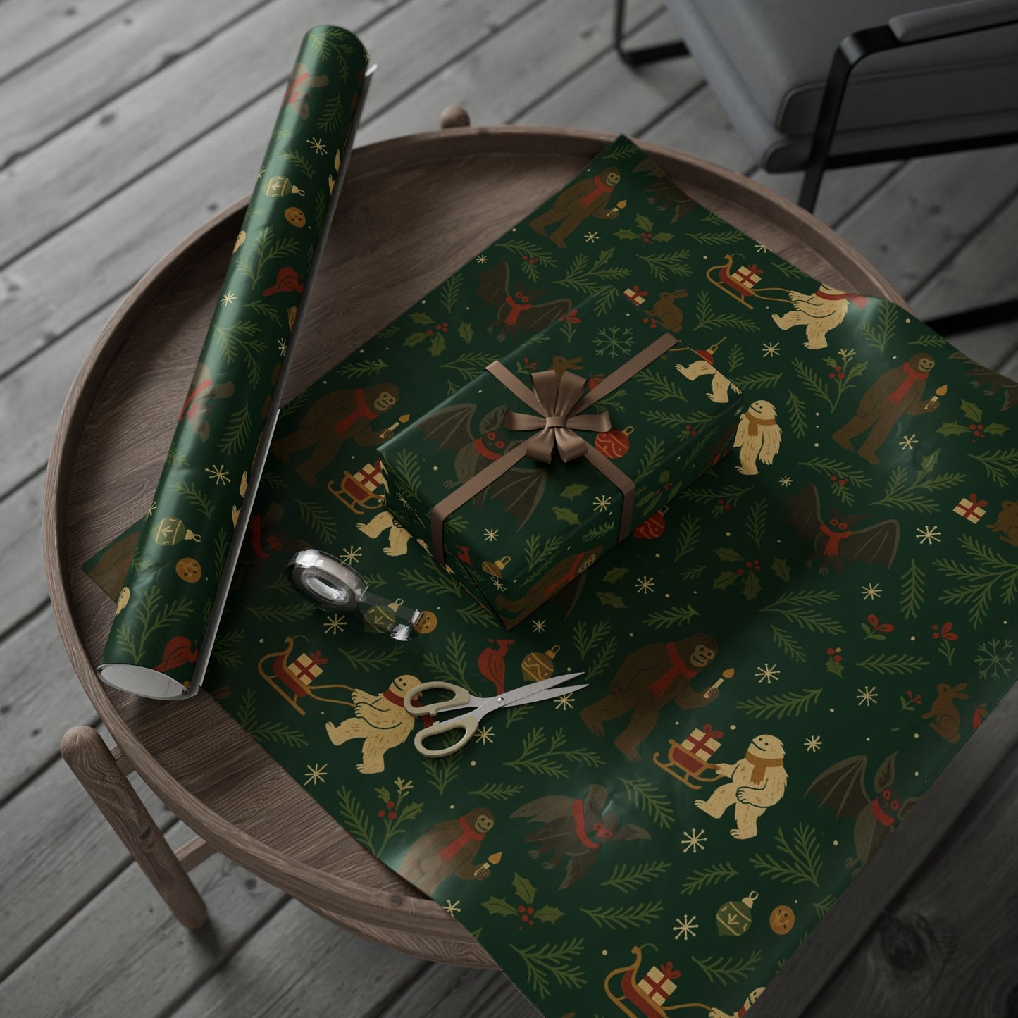 Cryptid Christmas Parade – Luxury Holiday Wrapping Paper, Folk-Art Bigfoot & Mothman Gift Wrap, 30" Roll (Matte/Gloss)