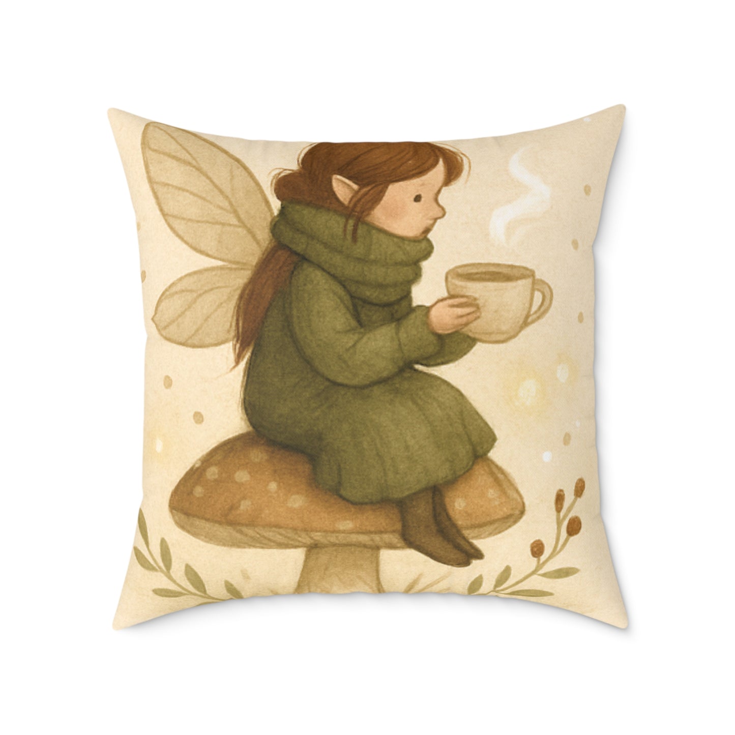 Cozy Winter Fairy Throw Pillow – Tea on a Toadstool & Lantern Fairy Canvas Cushion